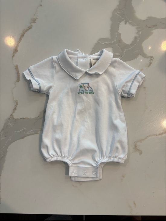 The Beaufort Bonnet Company Other - White Baby Polo Romper with Blue Trim and Tractor Embroidery